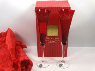Lenox Holiday Gems Toasting Flutes Ruby Etched Holly Set Of 2 (a)