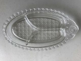 Antique Hobnail Clear Glass Scalloped Divided Oval Plate Relish Candy Dish