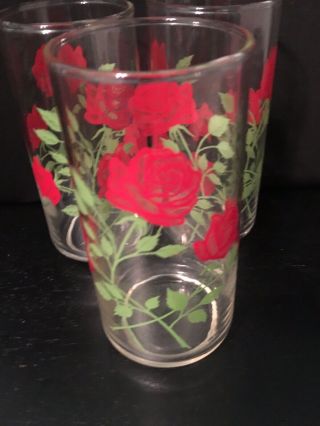 Rare Vintage Highball Mid Century Modern Red Roses Drinking Glasses Set Of 3
