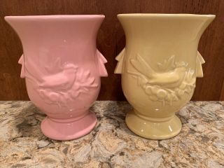 Two Vintage Mccoy Vases Bird And Berries Pink And Yellow