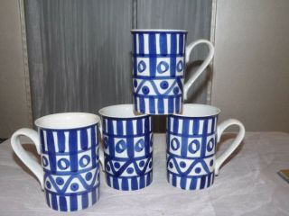 Set Of 4 Dansk Arabesque Mugs 4 " Cobalt & White Stoneware