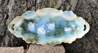Antique Hand Painted Swan Porcelian Relish Tray Dish