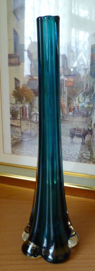 Vintage Murano Art Glass Ribbed Vase In Teal Blue