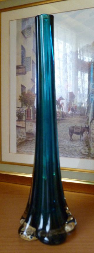 VINTAGE MURANO ART GLASS RIBBED VASE IN TEAL BLUE 2