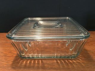 Vintage 1932 Anchor Hocking Square Clear Glass Ribbed Refrigerator Dish W/ Lid