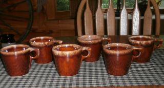 Set Of 6,  Vintage Hull Usa Brown Drip Coffee Tea Cup Mug O Handle Finger Loop