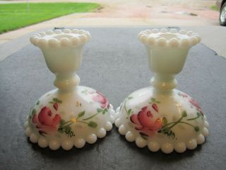 Fancy Old Pink Roses Artist Signed Beaded Edges White Milk Glass Candle Holders