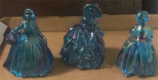 3 Vintage Wheaton Blue Iridescent Art Glass Southern Bell / Lady 5 1/4 " Figurine