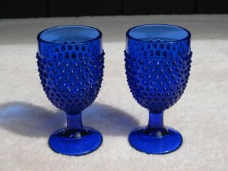 2 Vintage Le Smith Cobalt Blue Hobnail Water Wine Goblet Handmade Usa