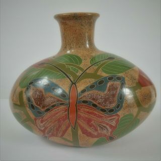 Nicaragua Art Pottery Artist Signed Vase Butterfly