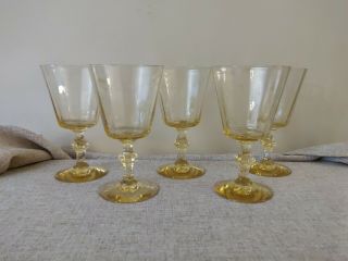 Vintage Straight Ribbed Optic Yellow Topaz Water Goblets Set/5 Depression Glass