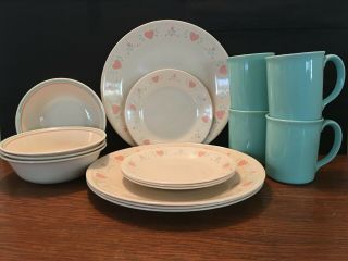 16 Piece Vintage Corelle Corning Forever Yours Hearts Dinnerware Service For 4