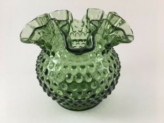 Vintage Green Fenton Hobnail Ruffle Vase 5.  25 " Tall