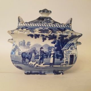 Scarce Dark Blue Staffordshire Transferware Sugar Bowl Man With 2 Horses C.  1825