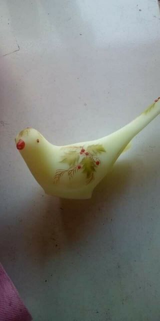 Vintage Fenton Custard Glass Bird Figurine Hand Painted Holly Signed S Mullins