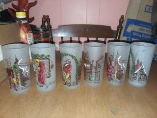Vintage Hazel Atlas Frosted Charles Dickens 6 Glass Tumblers Christmas Story