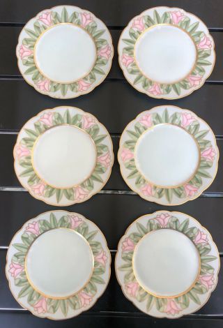 Vtg Set (6) Limoges France Water Lily Plate Hand Painted Pink Flowers