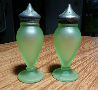Vintage Tiffin Satin Vaseline Glass Salt & Pepper Shakers On Pedestal.