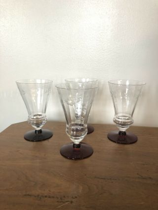 Vintage Ruby Red Glass Set Of 4 Etched Floral Wine Water Glasses Stemware Vgc
