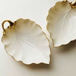 2 Lenox Leaf Shaped Ivory Porcelain Nut Dishes Hand Decorated Usa 24kt Gold Trim