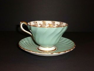 Antique Vintage Aynsley Tea Cup & Saucer Sage Green Pink Roses Gold Signed 2054