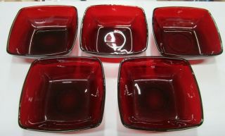 Set Of 5 Royal Ruby Red Square Anchor Hocking Bowls - 4.  75 " Dia.  1950 