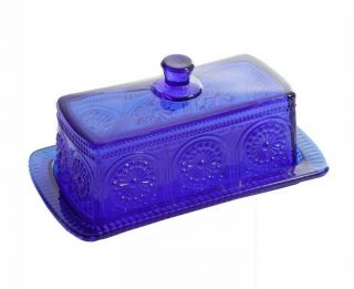 Pioneer Woman Adeline Glass,  Cobalt Blue Covered Butter Dish - -