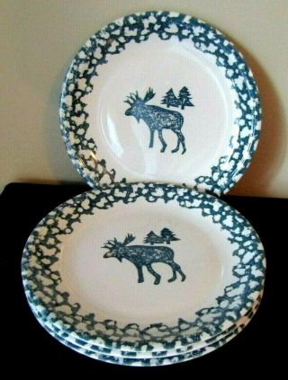 4 Tienshan Moose Folk Craft Dinner Plates Green Sponge Paint