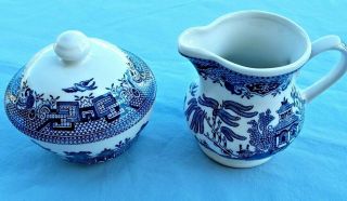 Vintage Churchill England Blue Willow Porcelain Creamer & Sugar Bowl Set