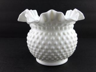 Vintage Fenton Milk Glass White Ruffled Ball Vase Hobnail Signed On Base 5 Inch