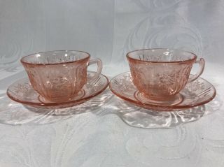 Gorgeous Federal Glass Sharon Pink Cabbage Rose Depression Cup & Saucer Set Of 2