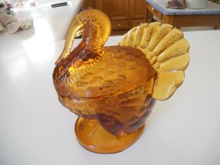 L E Smith Glass Yellow Gold Covered Lidded Turkey Candy Nut Dish Thanksgiving