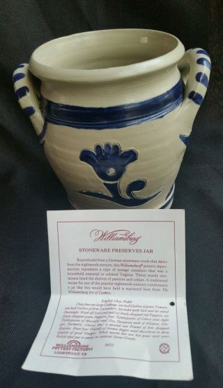 Williamsburg Restoration Pottery Stoneware Preserves Jar Scratch Blue Salt Glaze