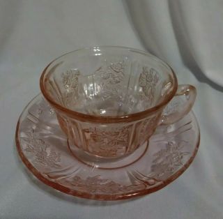 Vintage Pink Depression Glass Cabbage Rose Pattern Cup And Saucer Set Euc
