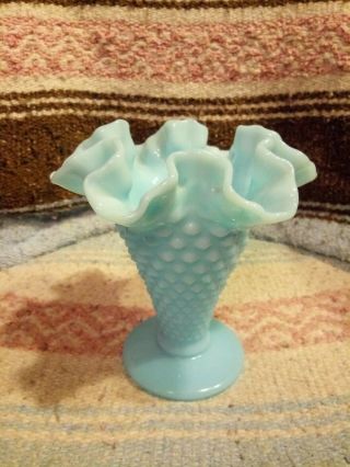 Vintage Fenton Blue Milk Glass Hobnail Trumpet Vase 5 1/2 " Tall