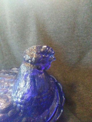 Blue Vaseline glass hen chicken on nest basket candy dish rooster Cobalt Uranium 3