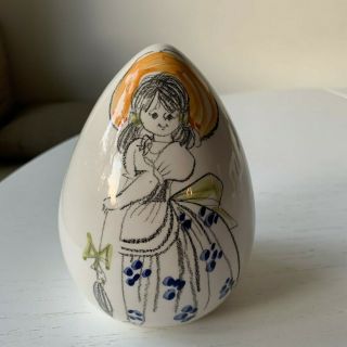 Vintage Mid Century Hand Painted Ceramic Egg Coin Bank Italy Girl Umbrella Exc