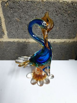 Vintage Murano Large Art Glass Duck,  Green,  Blue,  Amber Cased Body 99p Spoonbill