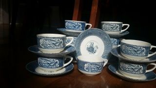 Currier And Ives Set Of 10 Cups And Saucers Dishes Griss Train Steamboat