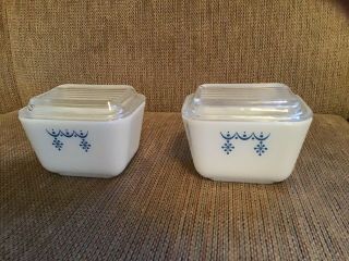 Vintage Small Blue Snowflake Garland Pyrex Refrigerator Dishes 601b 1 1/2 Cups