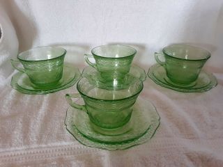 Set Of 4 Patrican Spoke Federal Green Depression Glass Cups & Saucers 1933 - 1937