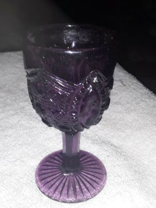 L G Wright Purple Glass Daisy Button Thumbprint 6 " Water Goblet Decorated Foot
