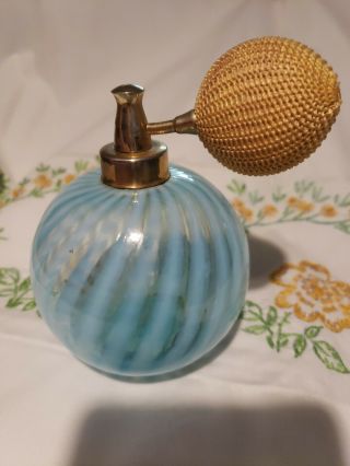 Fenton Blue Opalescent Spiral Optic Perfume Atomizer 1940s