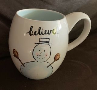 Rae Dunn 2018 Christmas Snowman Mug - Believe.  Let It Snow Magenta