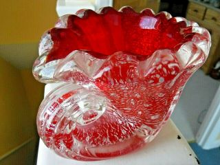 Murano Art Glass Italy Cornucopia Vase Red Cased In Clear With Silver Inclusions