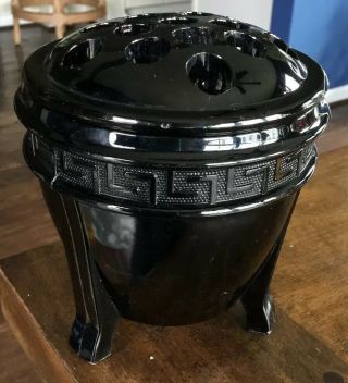 Vtg L E Smith Glass Black Amethyst Flower Frog & Tri Footed Vase Greek Key 1930s