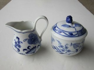 Vintage Blue Onion Decorated Porcelain Cream & Sugar Set Bavaria Germany Marked