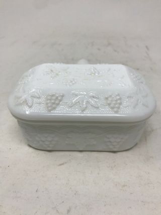 Vintage Milk Glass Covered Candy Dish with Lid and Handle Grape Pattern 2