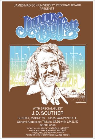 Jimmy Buffet J D Souther 1986 James Madison University Concert Poster Jmu