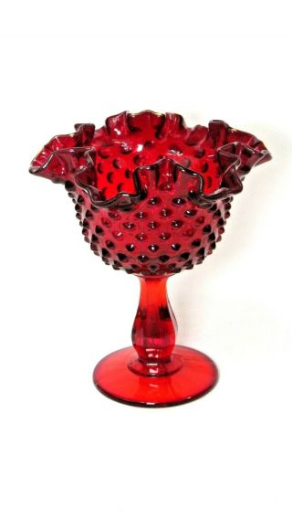Vtg Fenton Ruby Red Glass Ruffled Hobnail Candy Dish Compote Crimped Pedestal